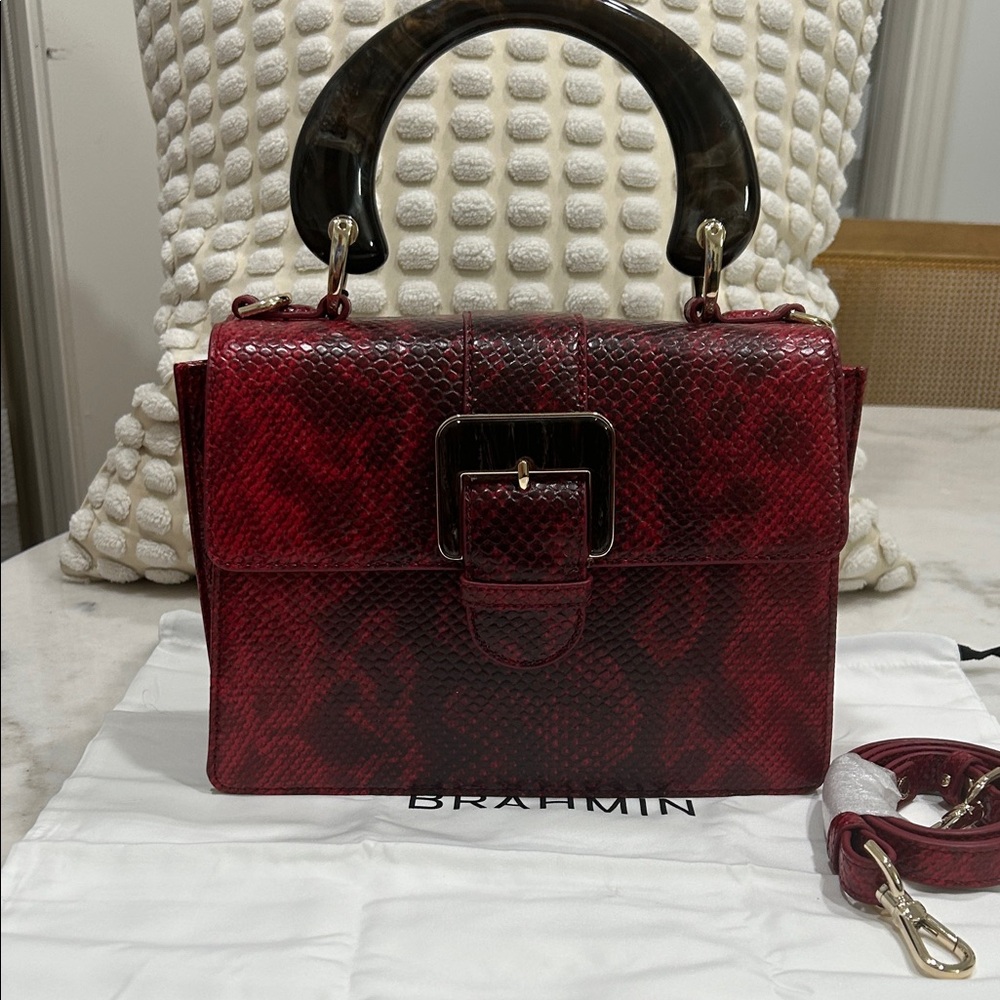 Brahmin Red Opal Cassatt Genuine Leather Crimson Snake Print Satchel